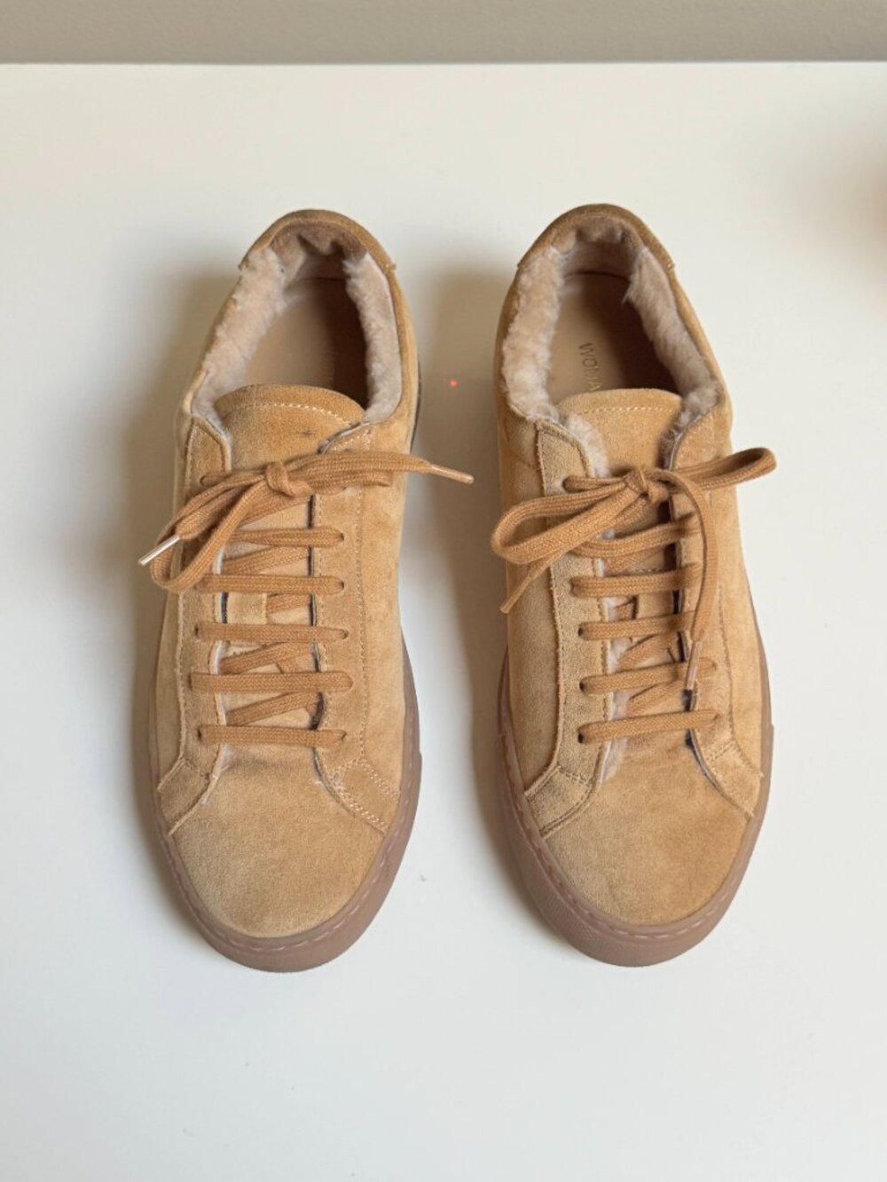 Woman by Common Projects Retro Low Shearling-Lined Suede Sneakers in Sand
